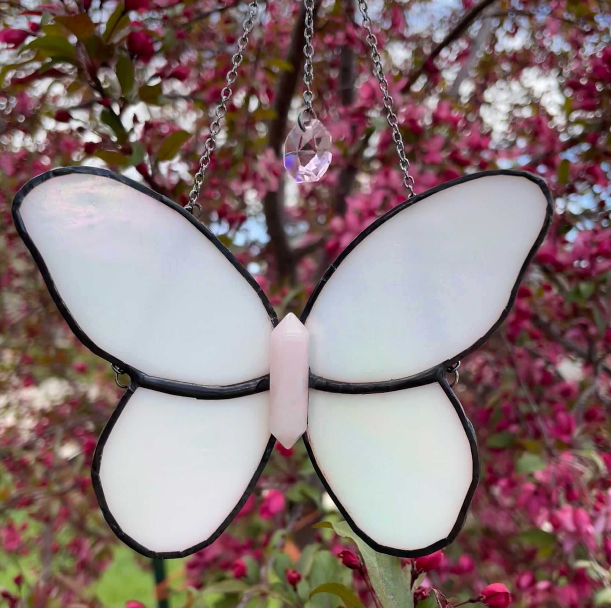 Iridescent White Butterfly with Rose Quartz