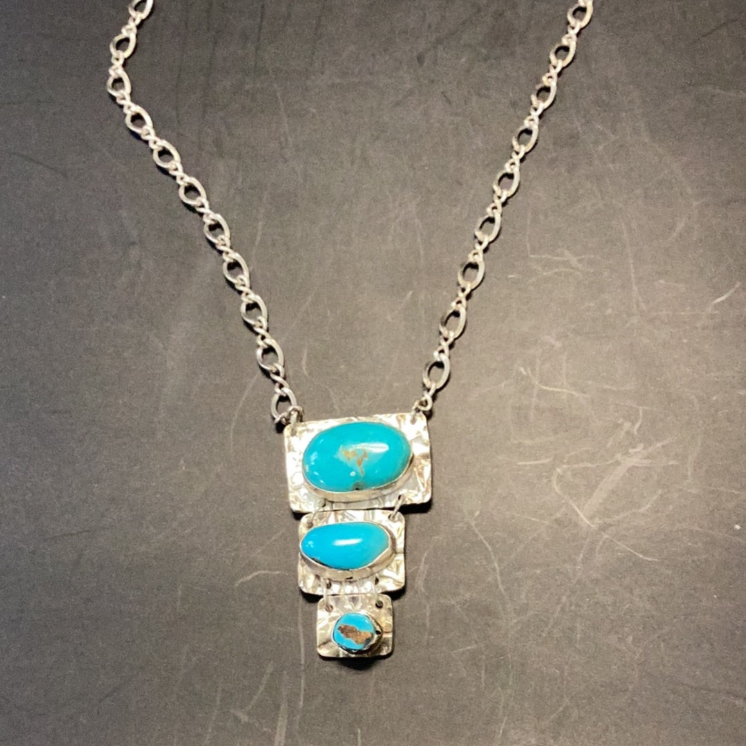 Necklace 3 Tier Turquoise, Stone on Silver Large Loop Chain