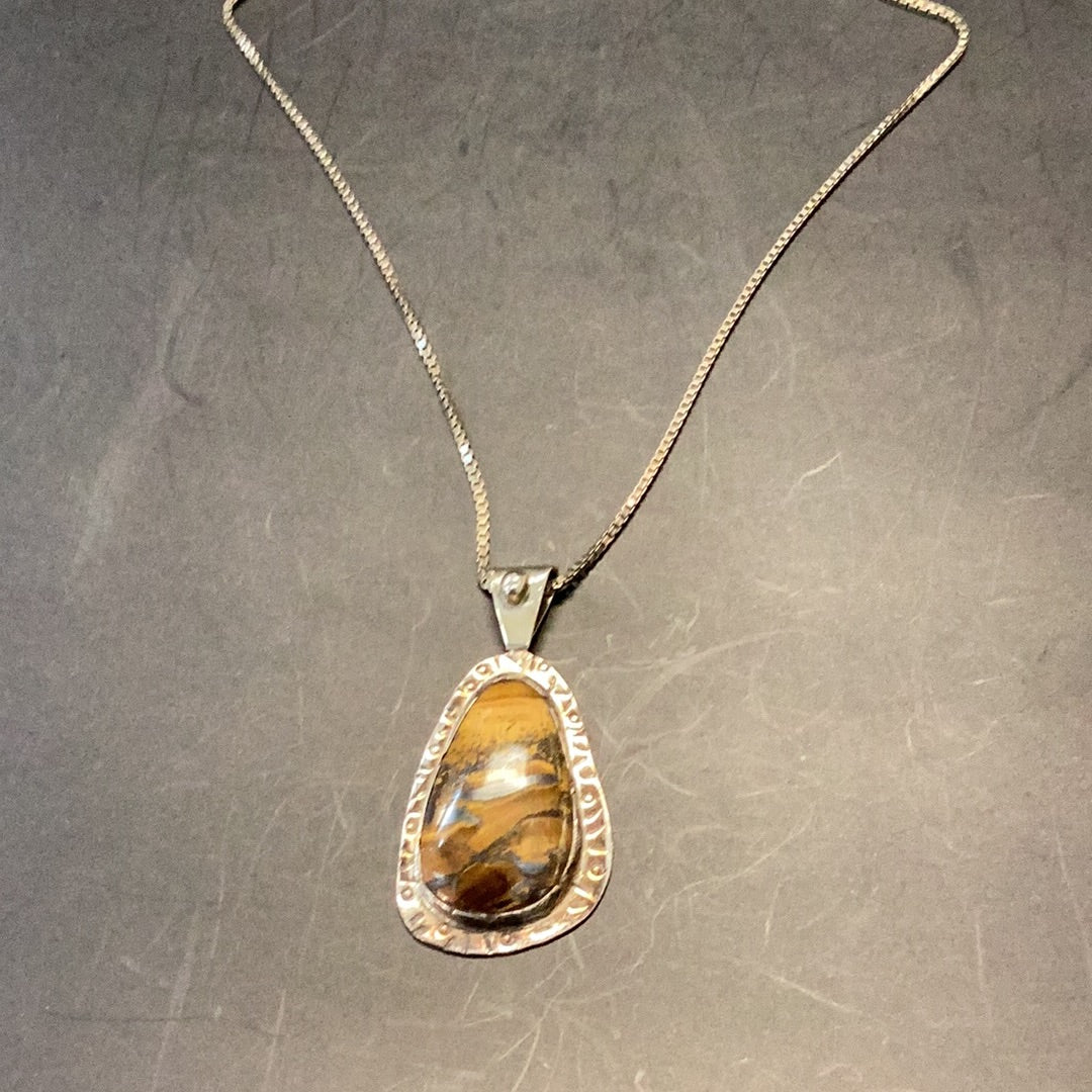 Necklace Mottled Large Brown Stone on Silver