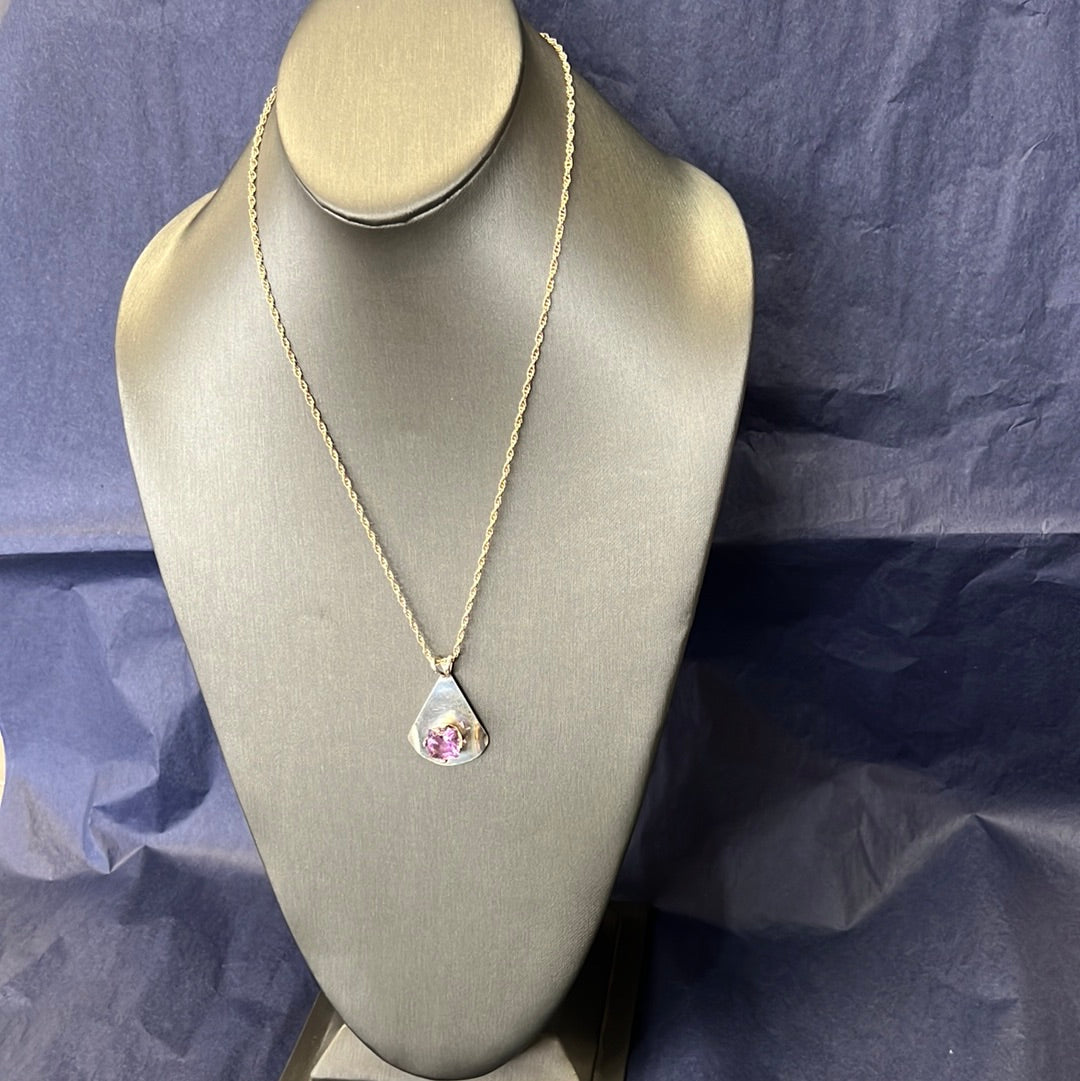 Necklace Pink Solitaire on Silver with 19 1/2” Gold Chain