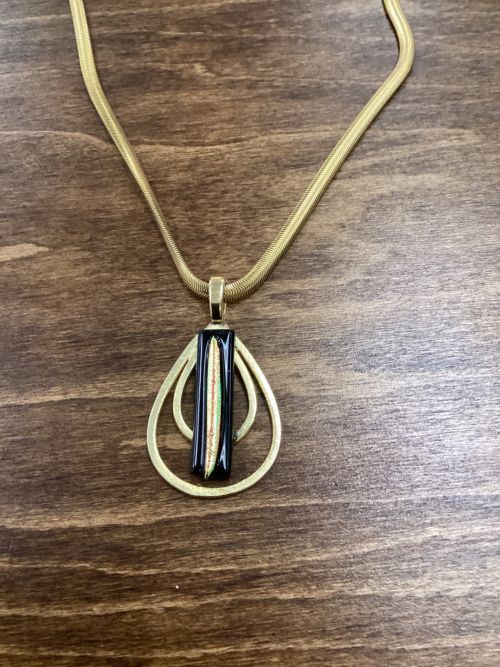 Gold double tear drop dichroic necklace