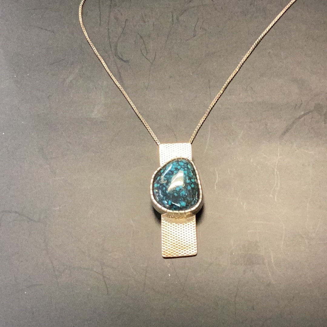 Necklace Blue and Black Dotted Stone on Silver Rectangle
