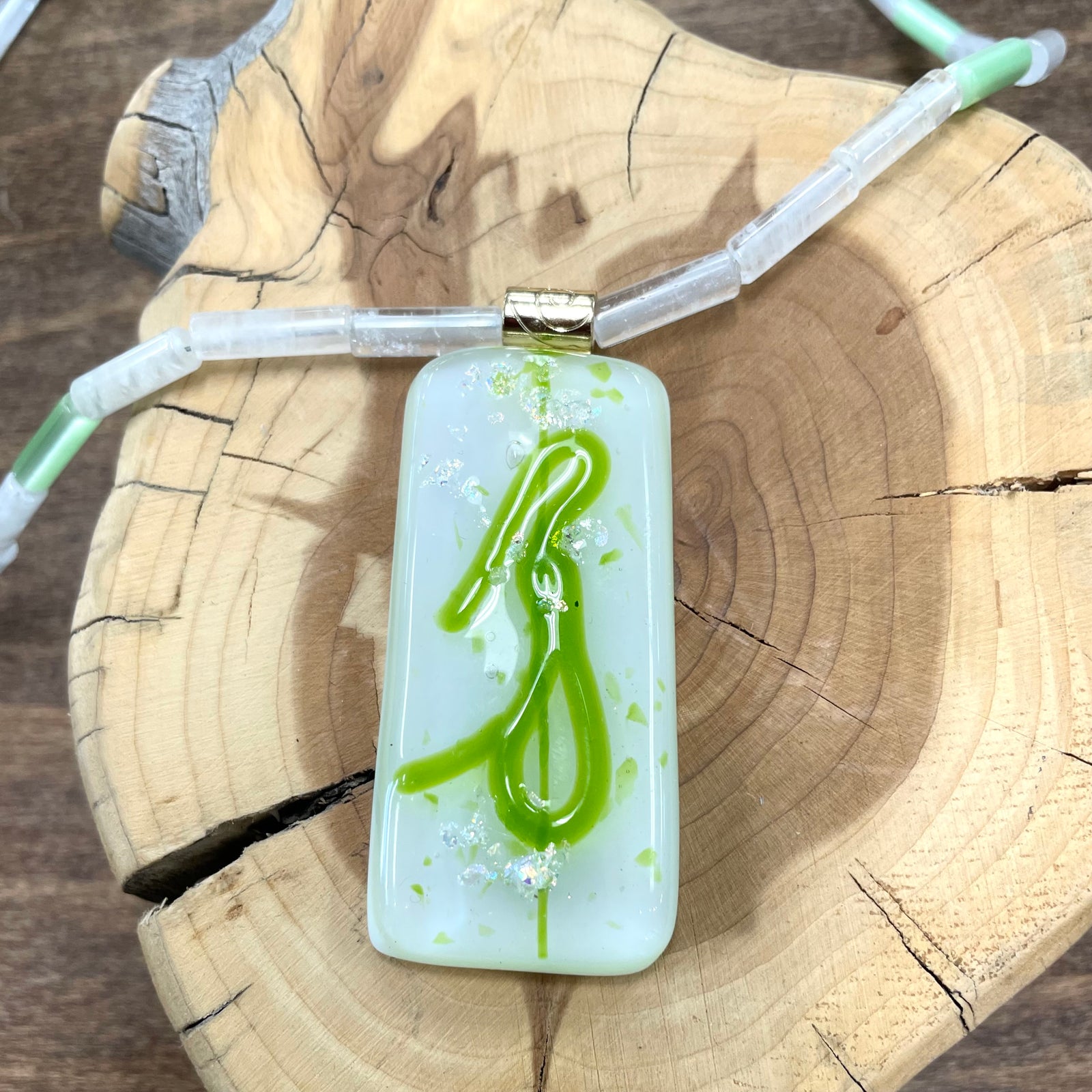 Glass Pendant, White & Spring Green fused glass