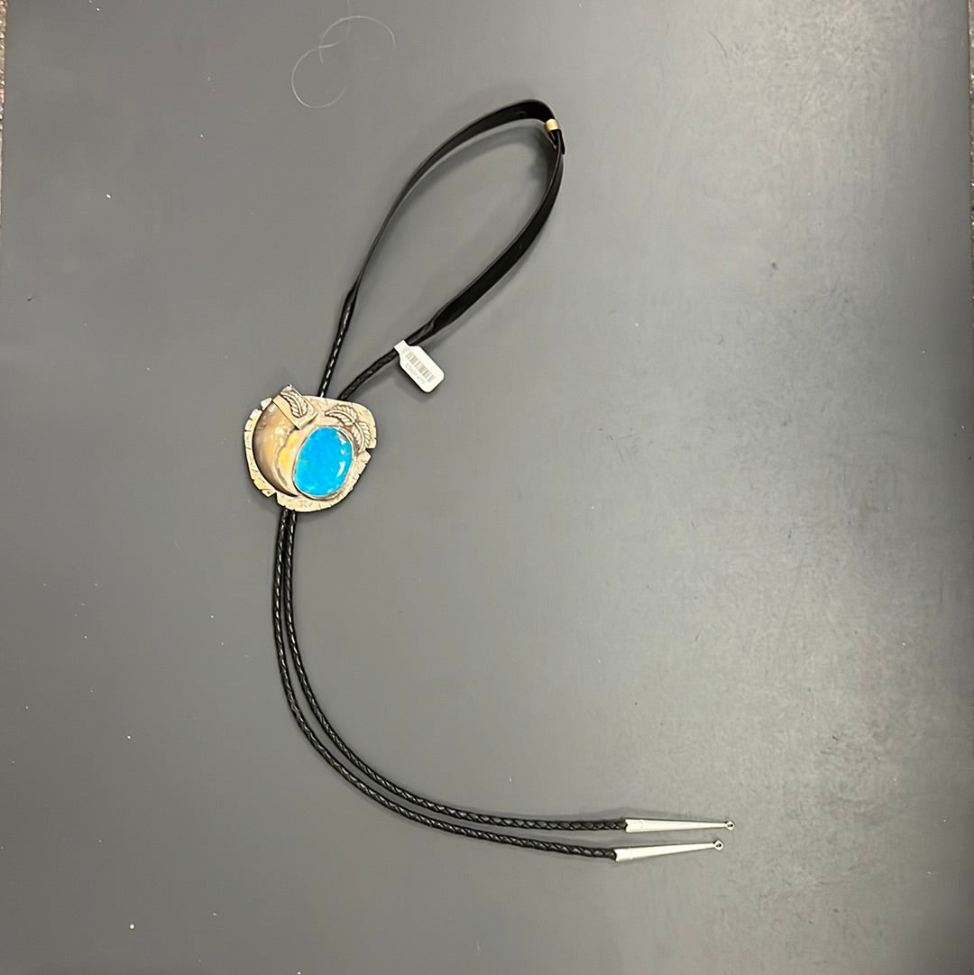 Necklace: Bolo Tie with Large Turquoise Stone and Bear Claw