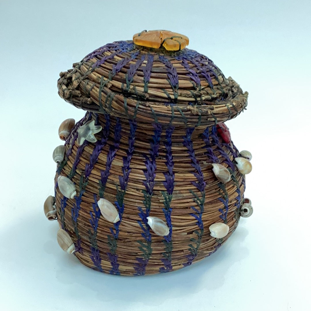 Pine Needle Basket W/ Lid & Shells