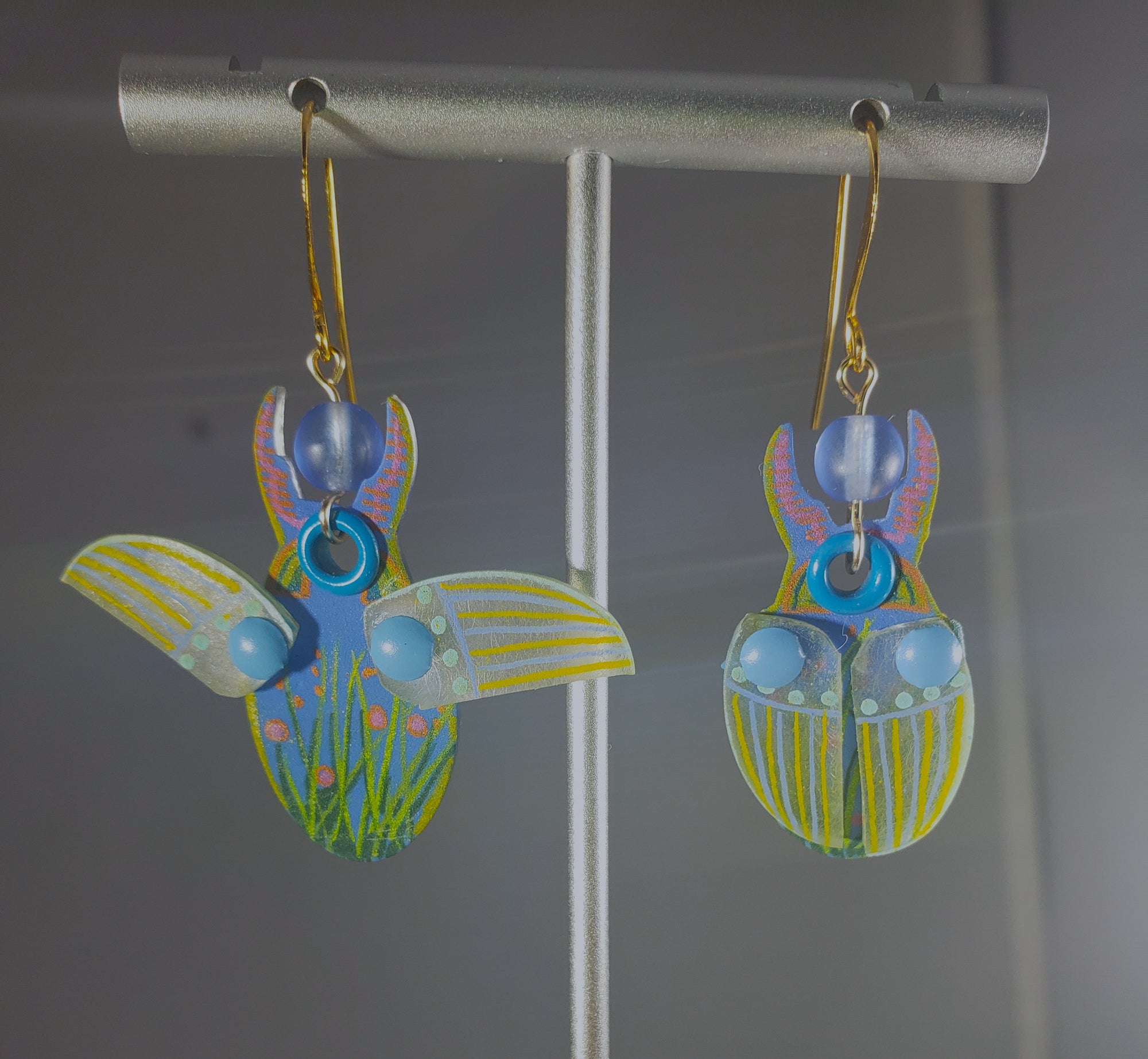 A014 Pastel Beetle earrings with articulated wings