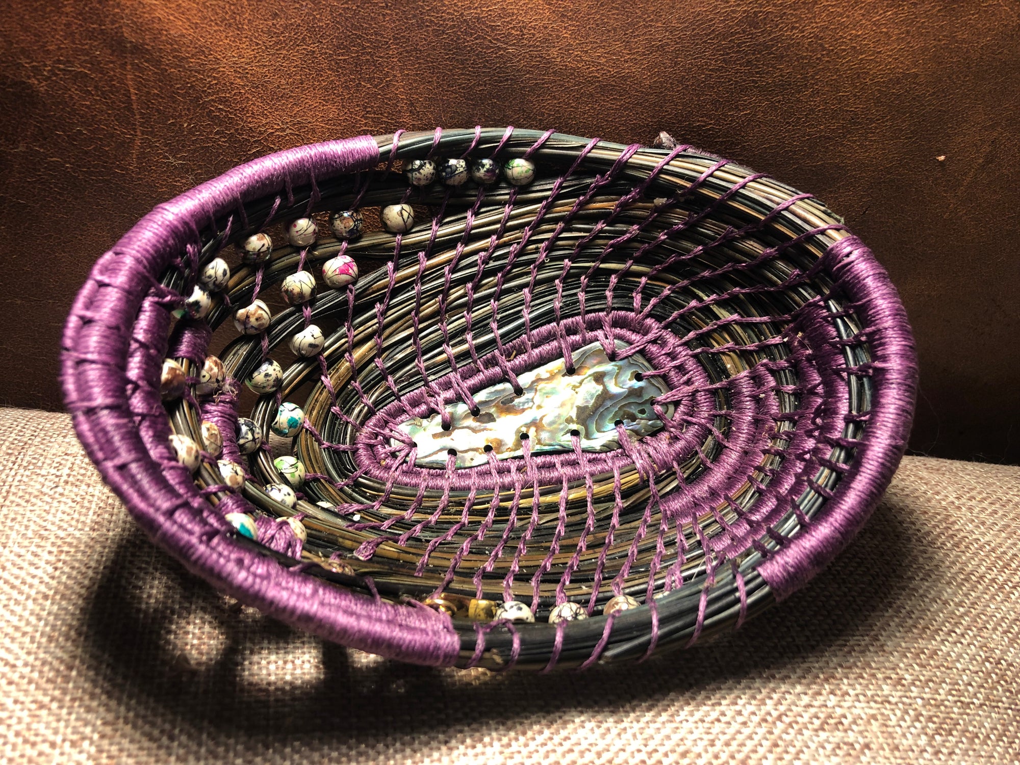 Abalone and Bead Pine Needle Basket