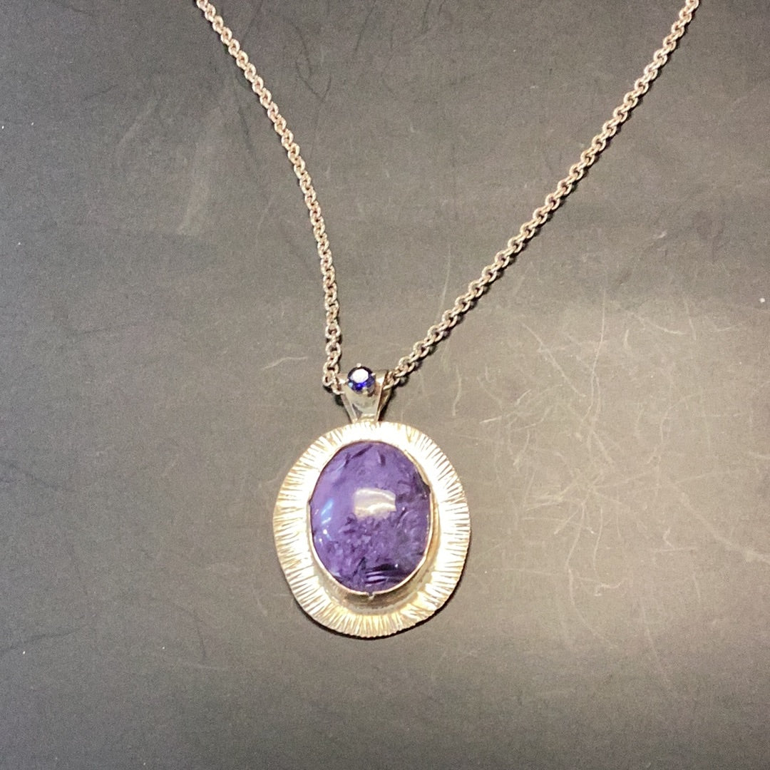 Necklace Charoite with Blue Tourmaline Silver Setting