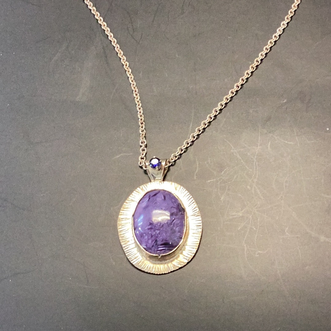 Necklace Charoite with Blue Tourmaline Silver Setting