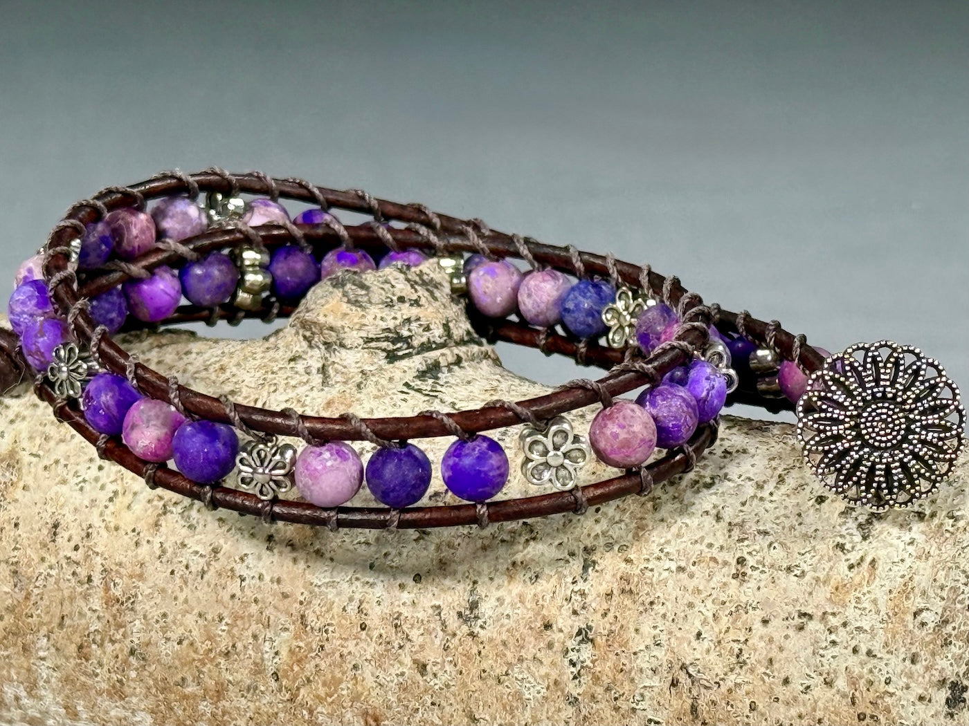 BB25 Purple and Flowers double-wrap bracelet