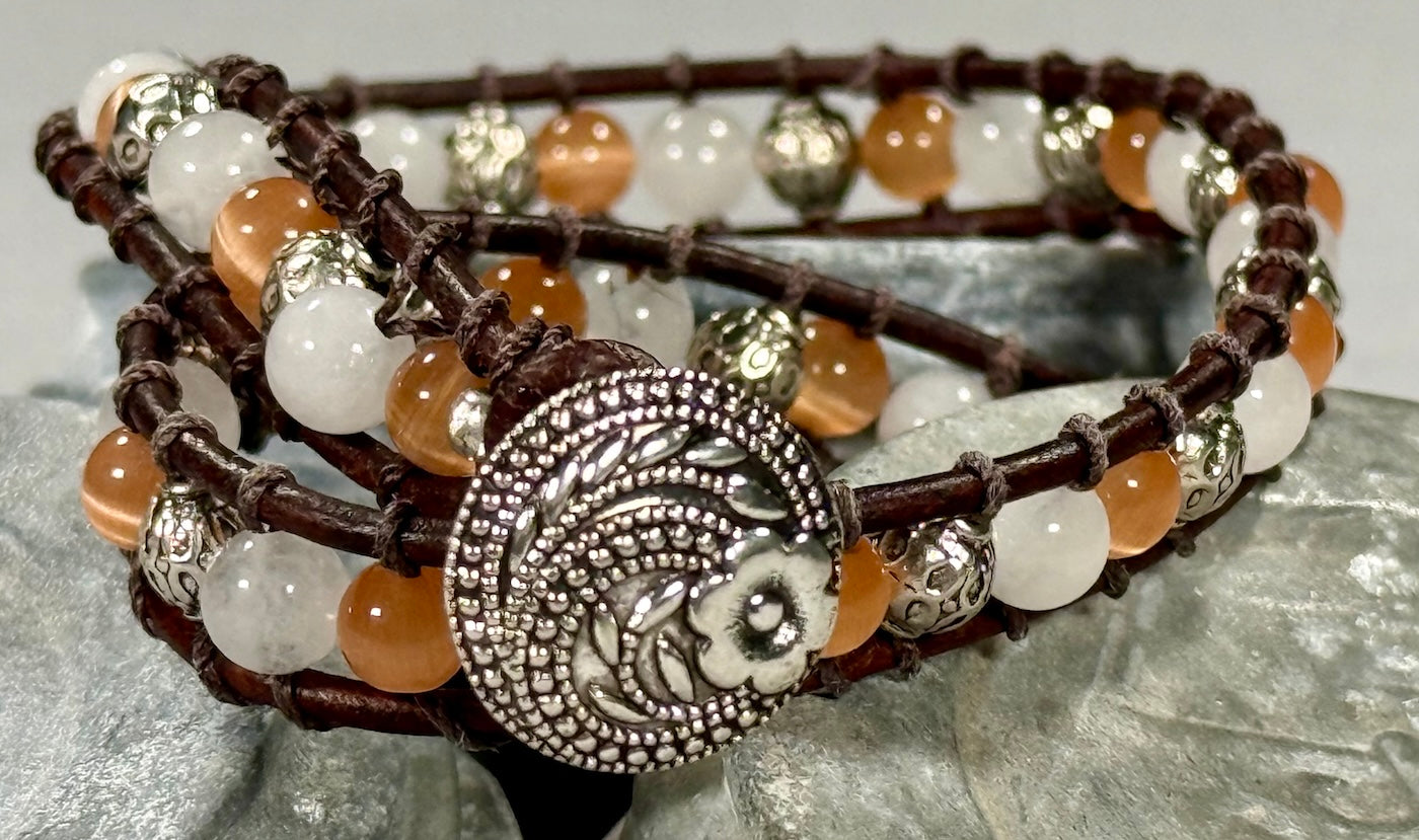 BB3 Orange, white, and silver double-wrap bracelet
