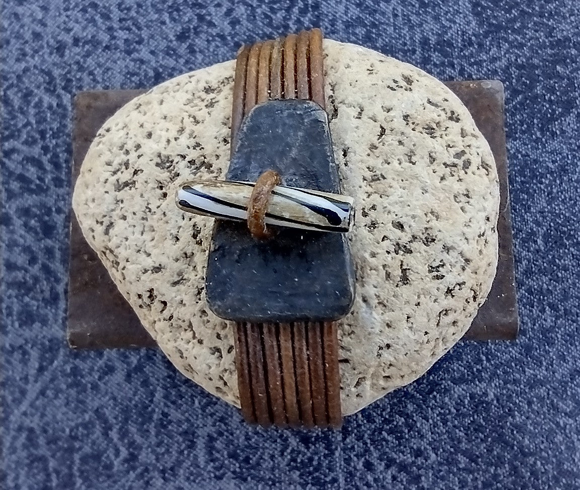 Beige/Brown/MetalButton/BoneBead Wrapped Stone