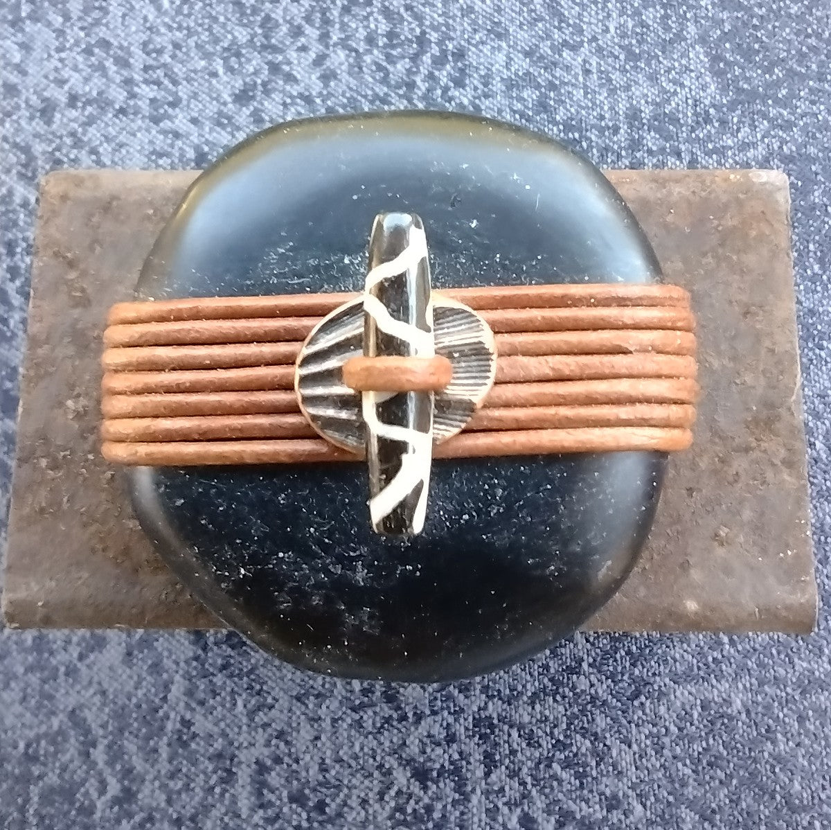 Black/BSienna/CopperMetalButton/BoneBead Wrapped Stone