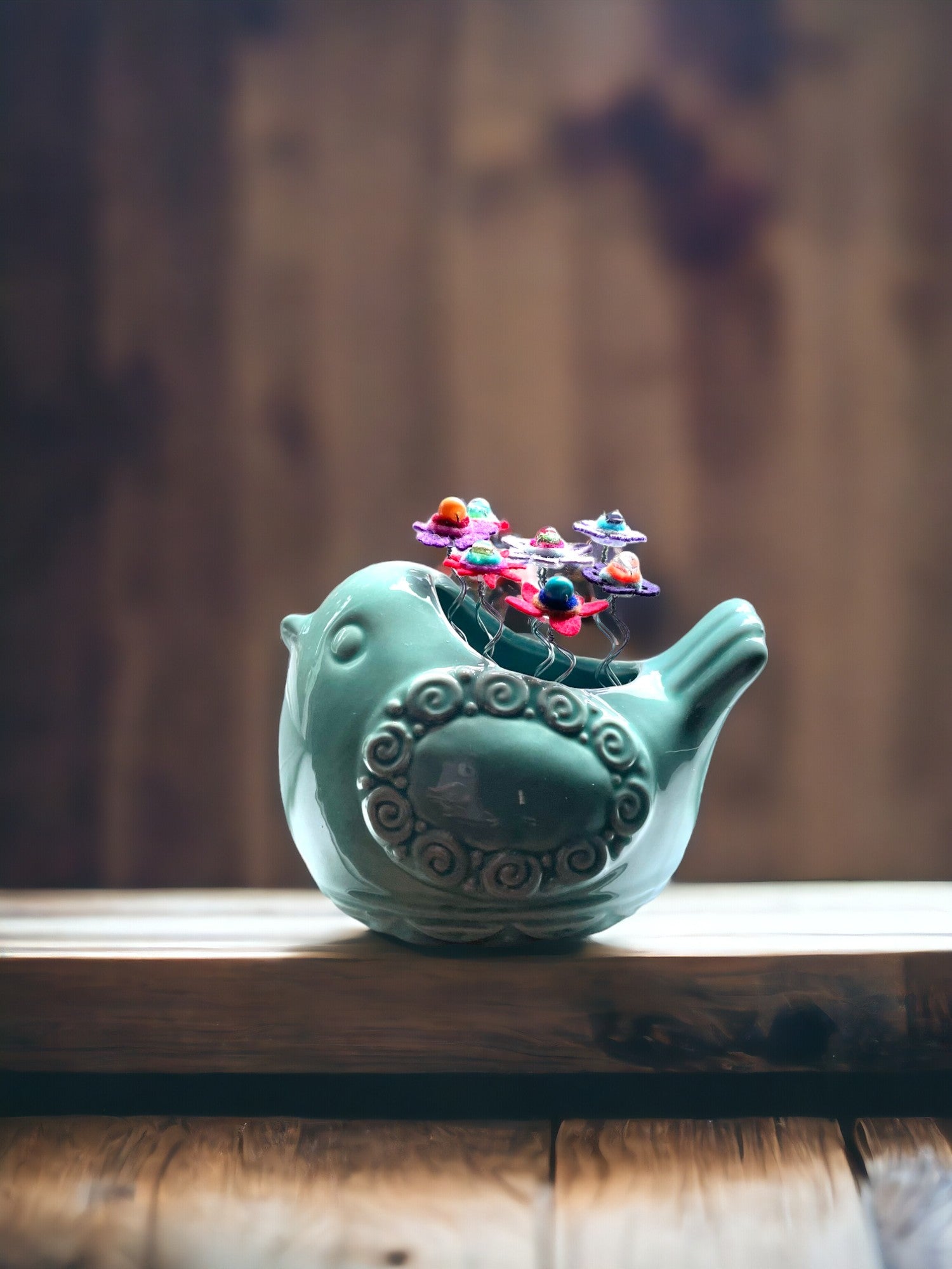 Blue Bird with Whimsical Felt Flowers