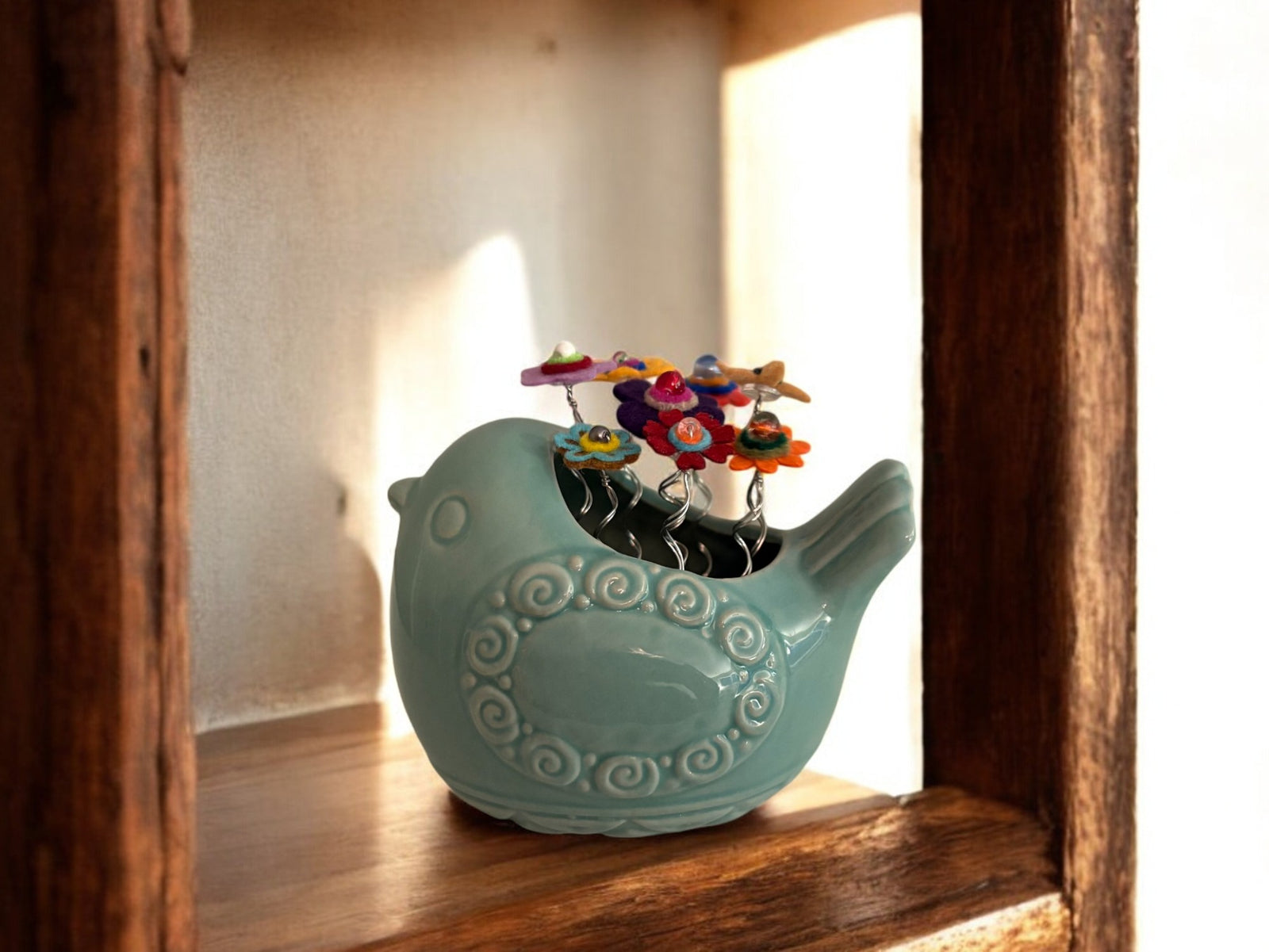 Blue Bird with Multi Colored Flowers