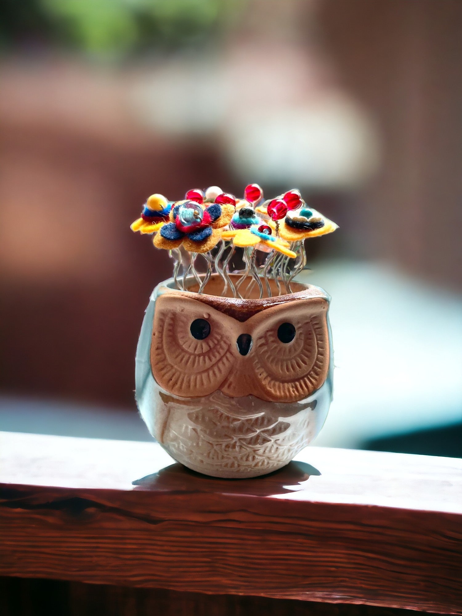 Blue Owl with Yellow Felt Flowers