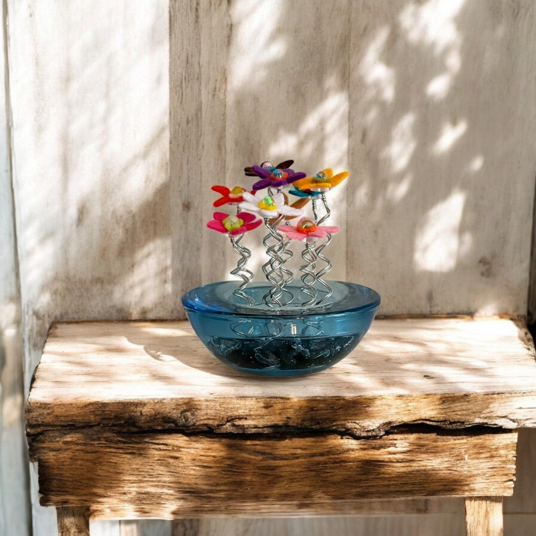 Blue Vase with Colorful Felt Flowers