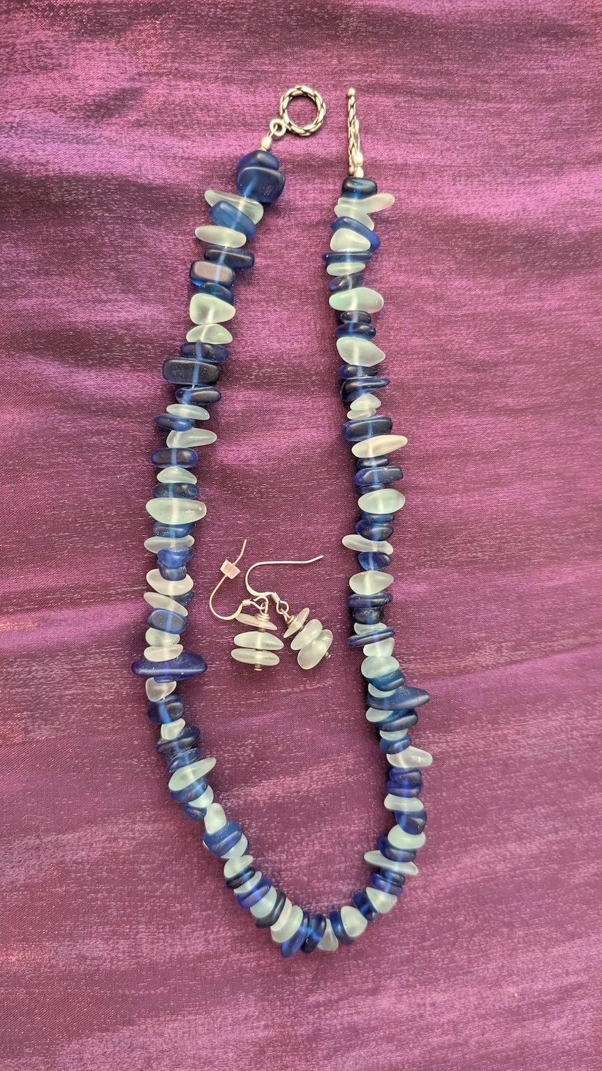 Blue & Light Blue Recycled Glass Necklace with earrings