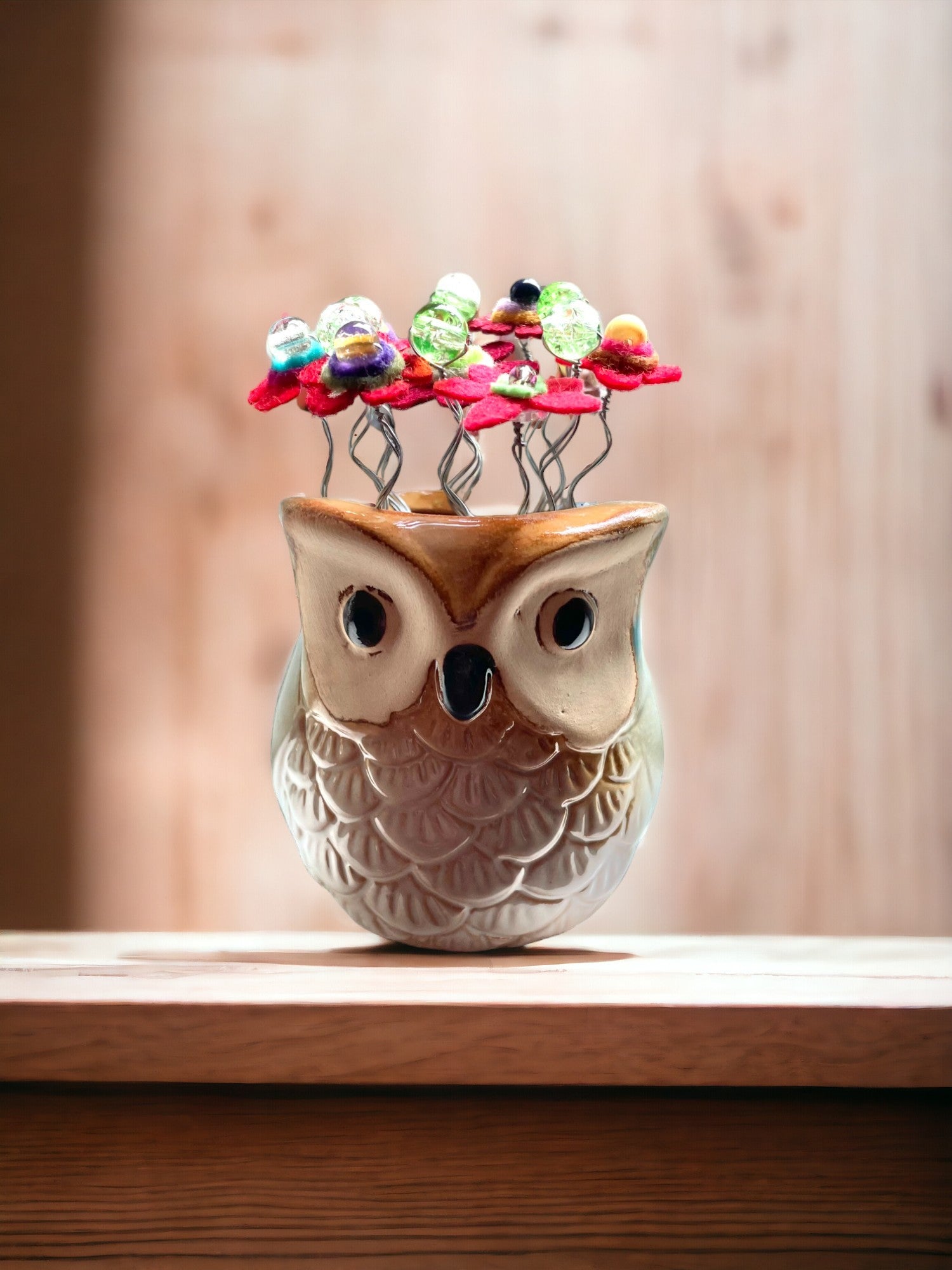 Blue and Beige Owl with Red Felt Flowers