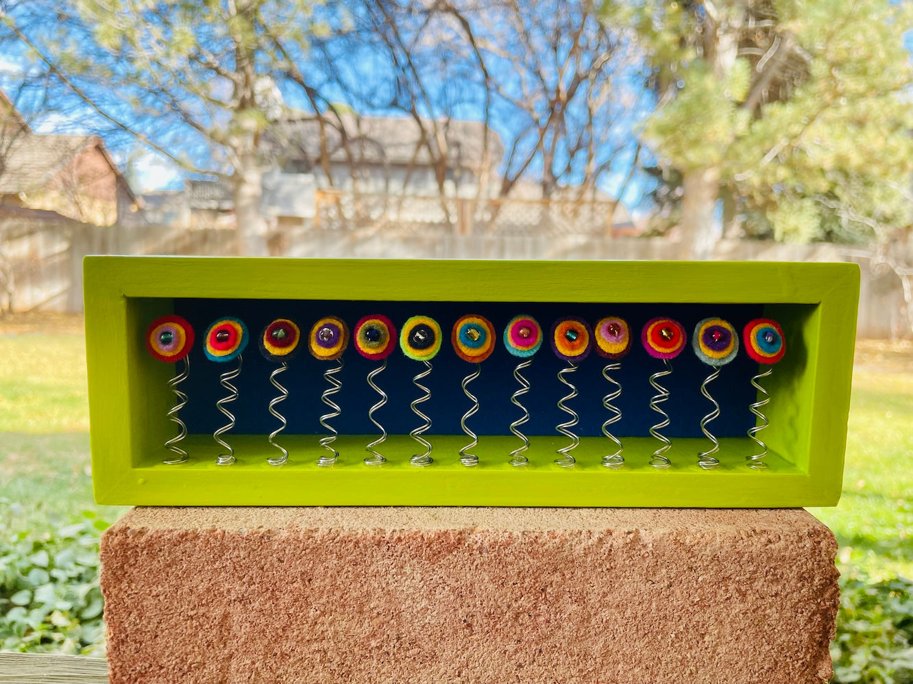 Bright Green Shadow Box with 13 Multi-Colored Round Flowers