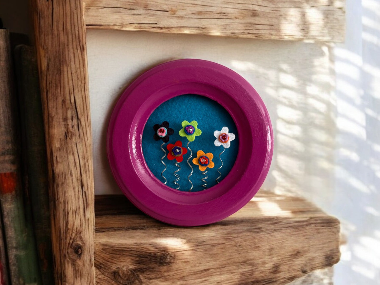 Bright Pink Round Frame with 5 Multi Colored Flowers