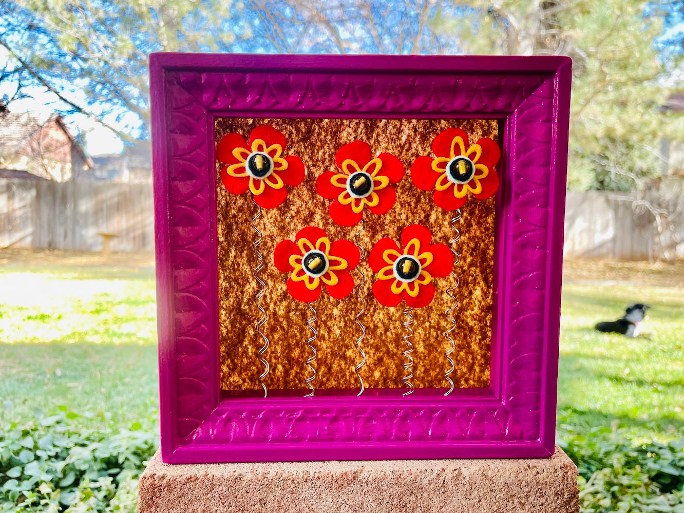 Bright Pink Shadow Box with 5 Red and Yellow Felt Flowers