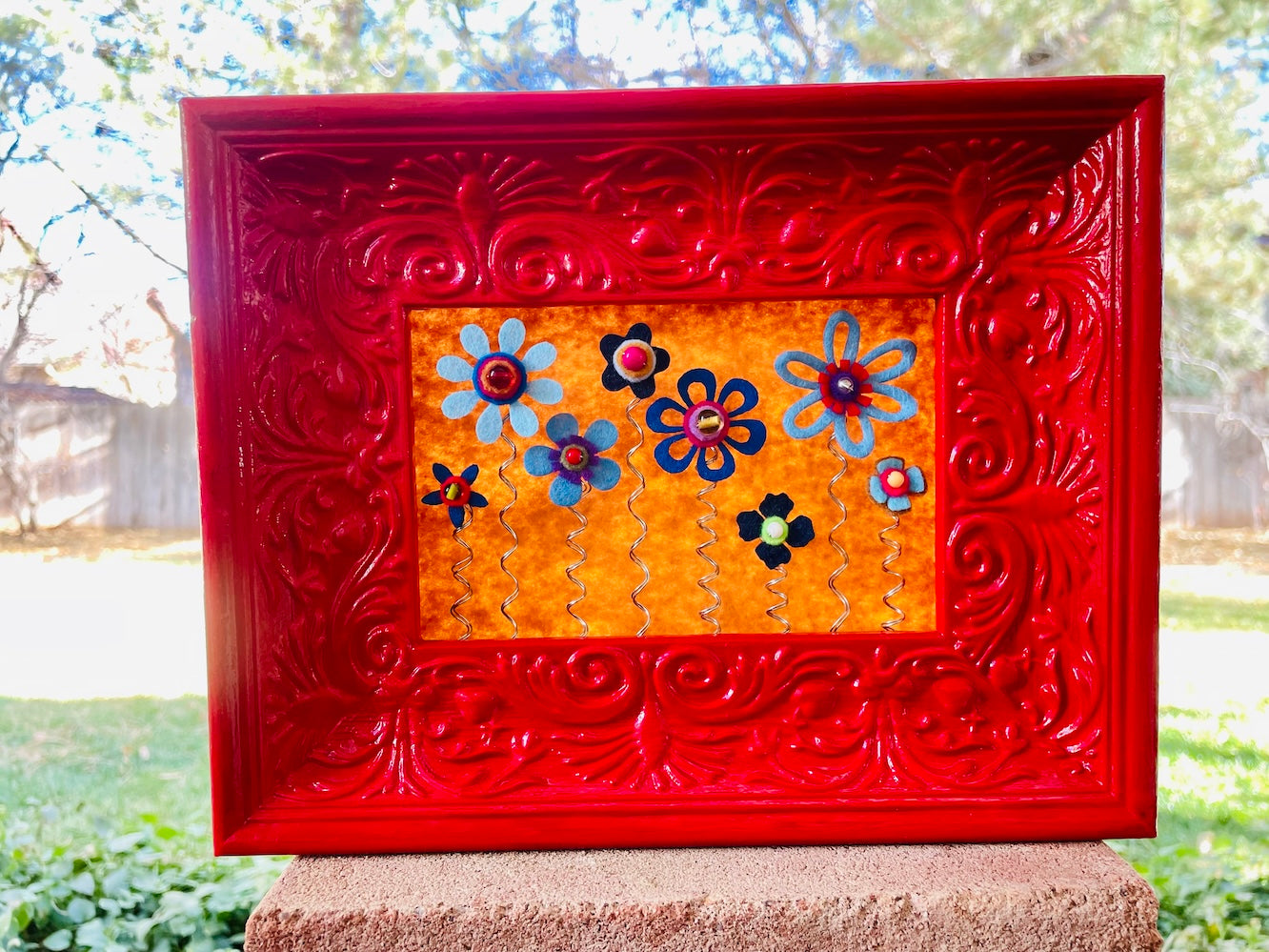 Bright Red Picture Frame with 8 Blue Felt Flowers