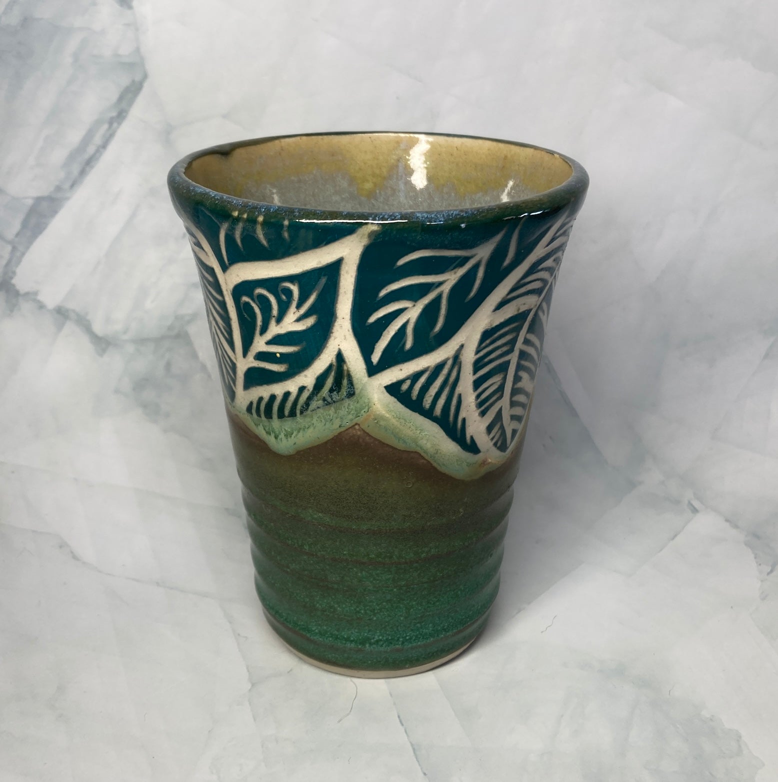 Ceramic pint glass_Meadows_spring leaves
