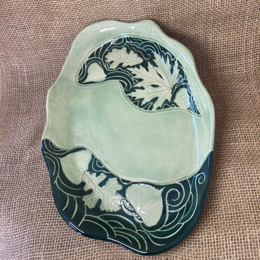 Ceramic platter_Meadows_spring leaves