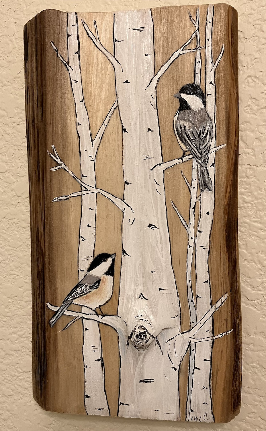 Chickadee Birds on Aspen Plank