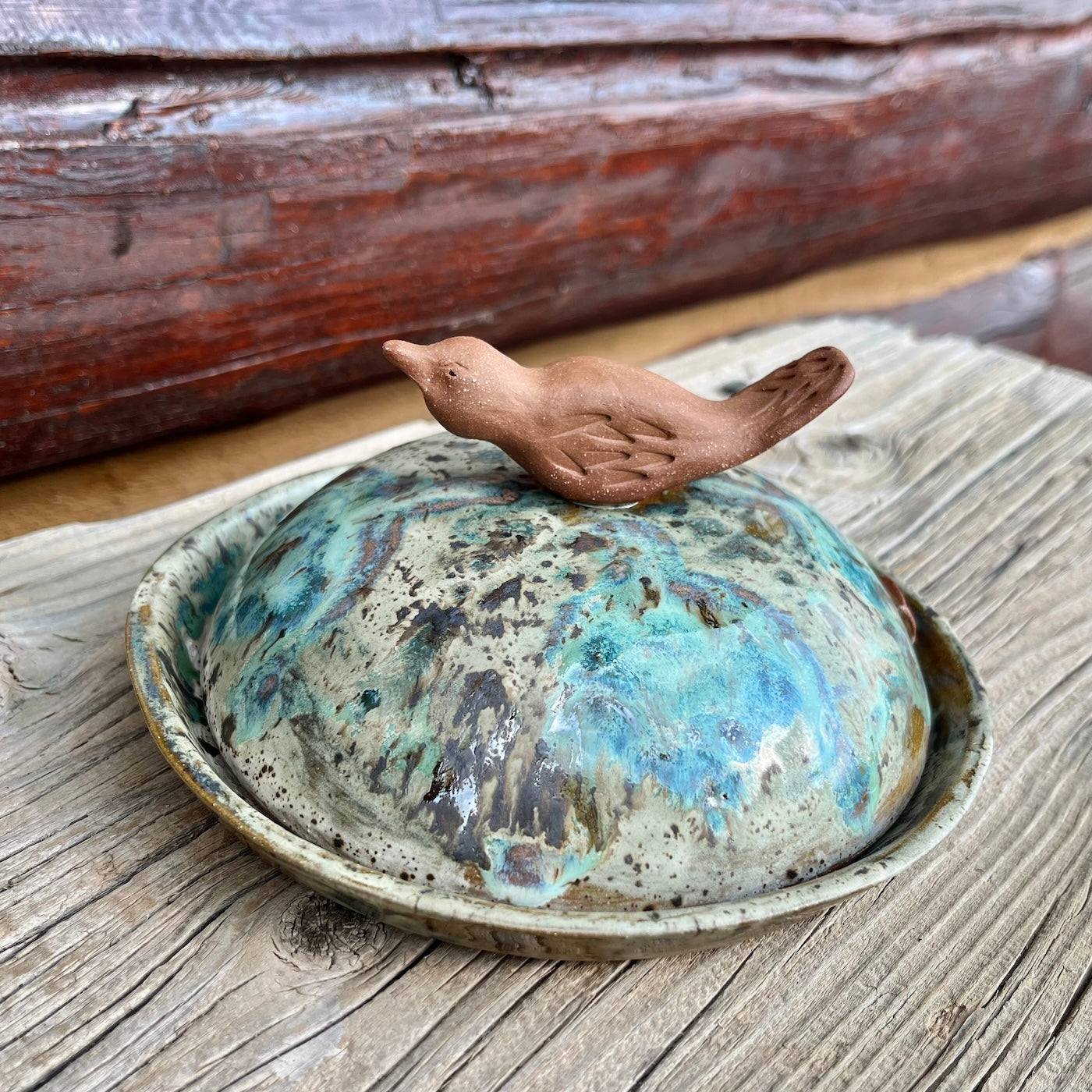 Clay Bird Peacock Glaze Butter Keeper