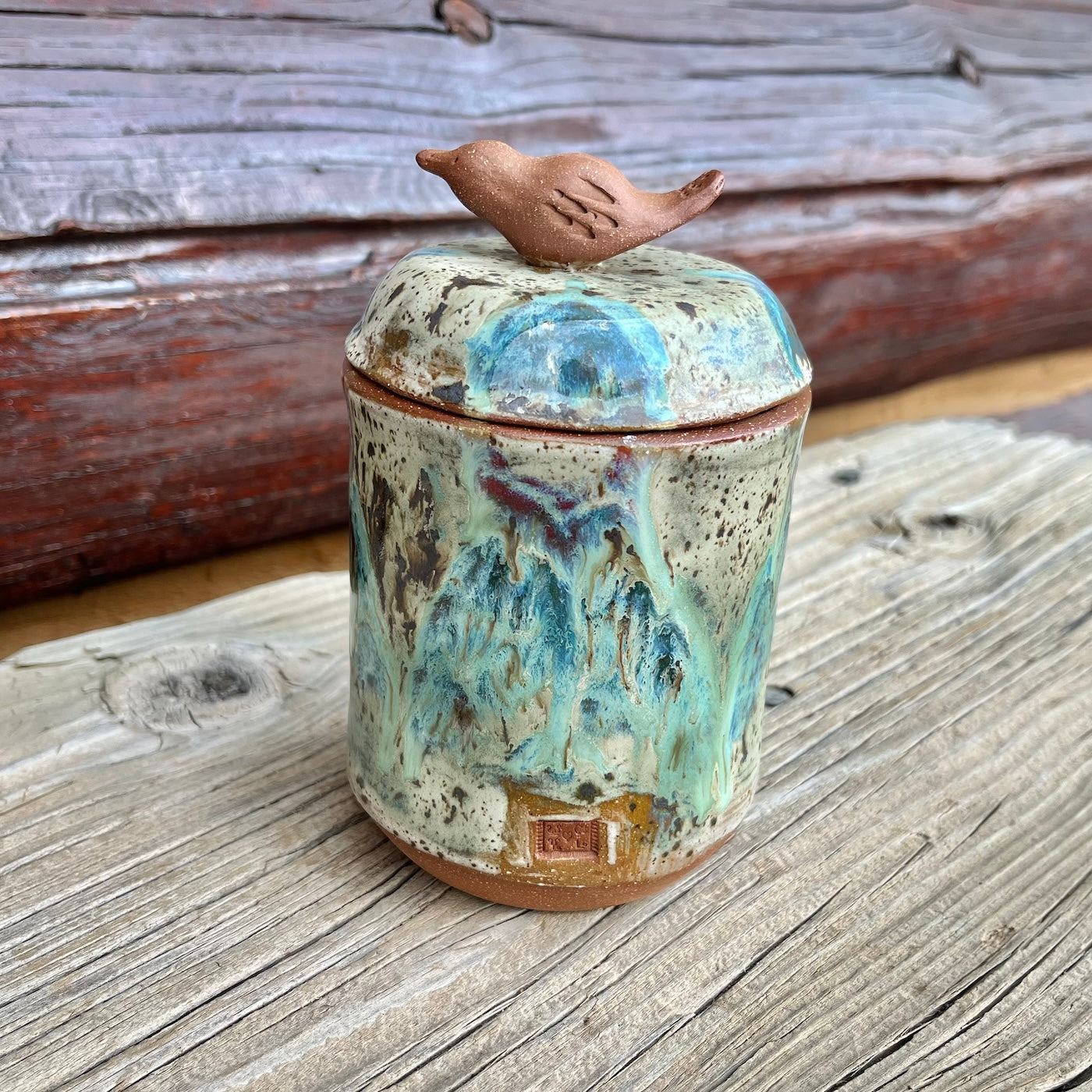 Clay Bird Peacock Glaze Sugar Jar