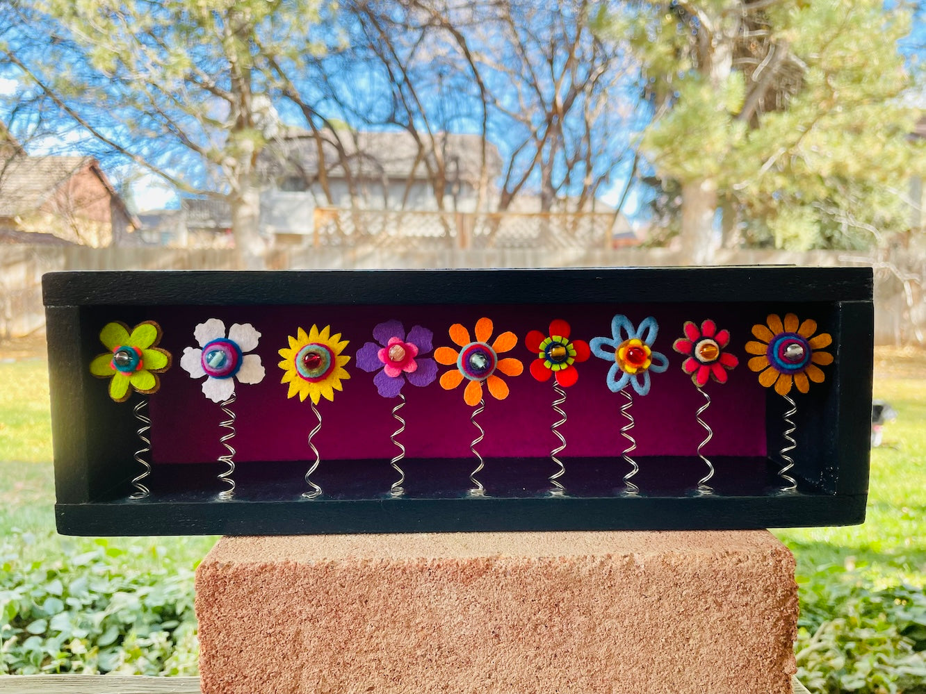 Dark Blue Shadow Box with 9 Multi-Colored Felt Flowers