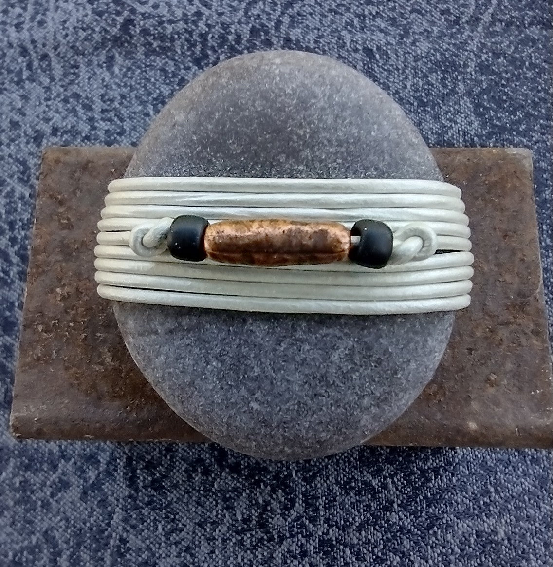 DarkGray/White/BlkandCopperBeads Wrapped Stone