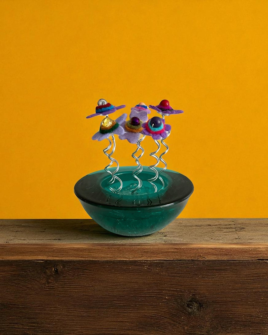 Dark Green Vase with 6 Purple Flowers