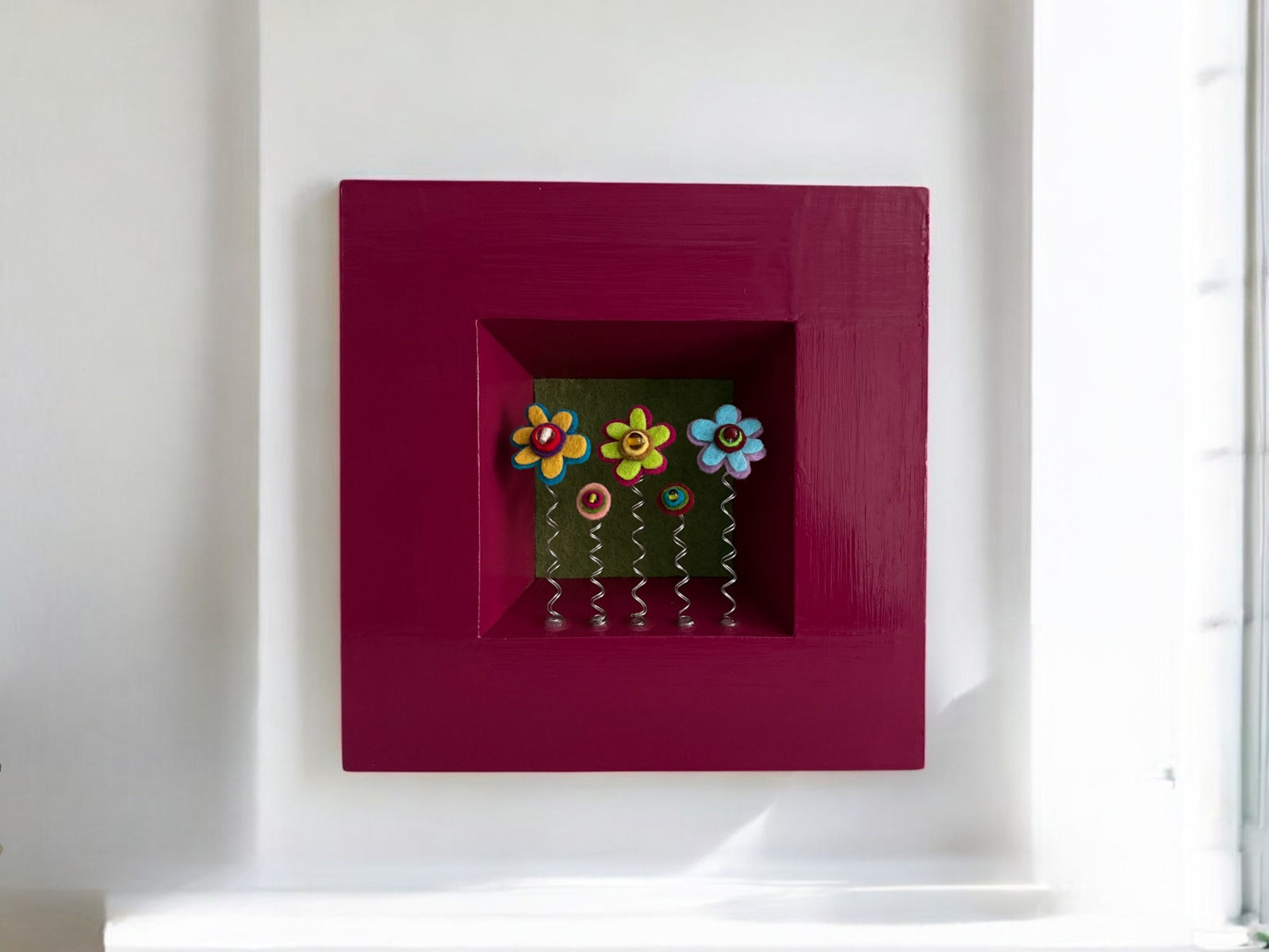 Dark Pink Shadow Box Frame with 5 Multi Colored Flowers