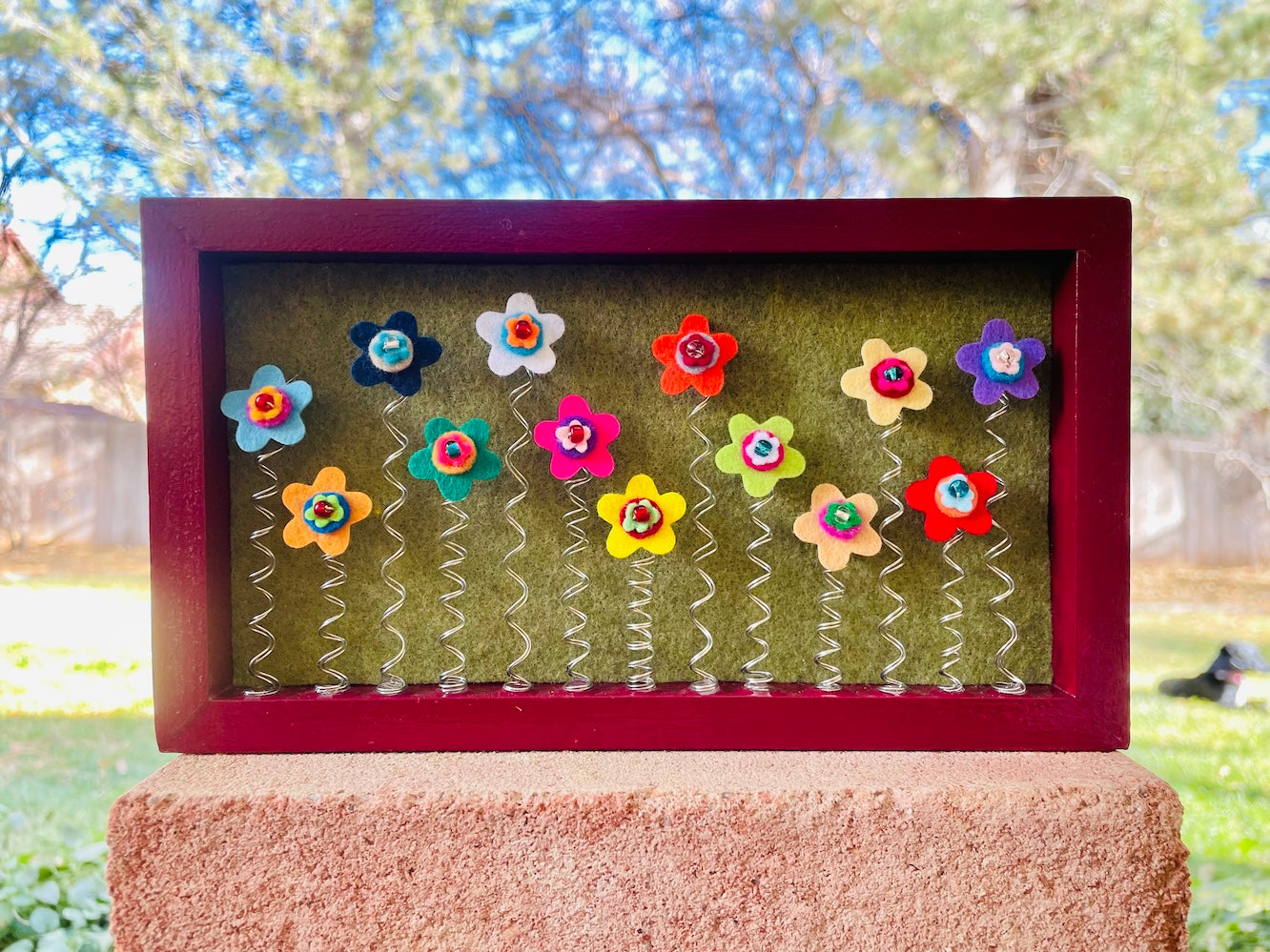 Dark Red Shadow Box with 13 Multi-Colored Felt Flowers