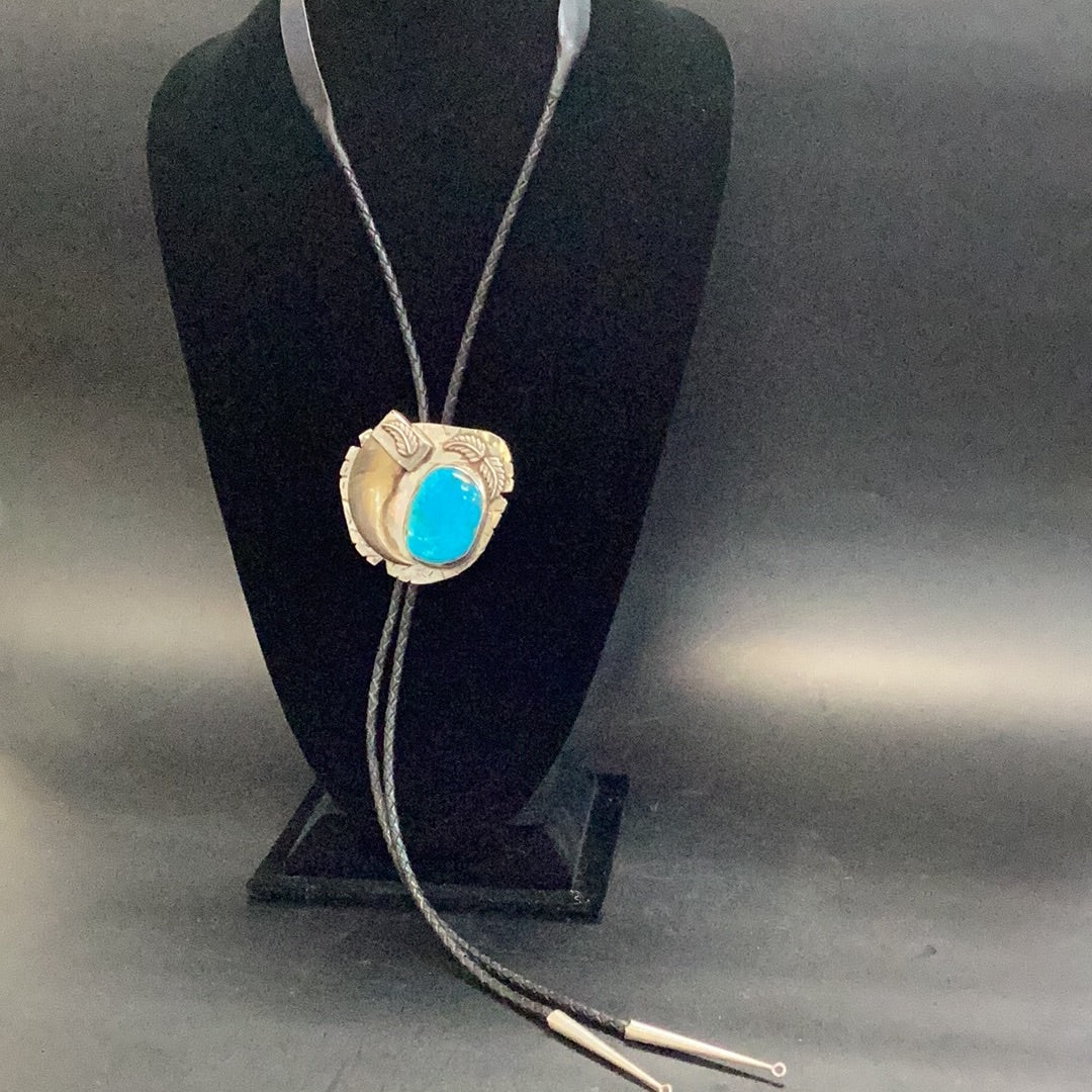 Necklace: Bolo Tie with Large Turquoise Stone and Bear Claw