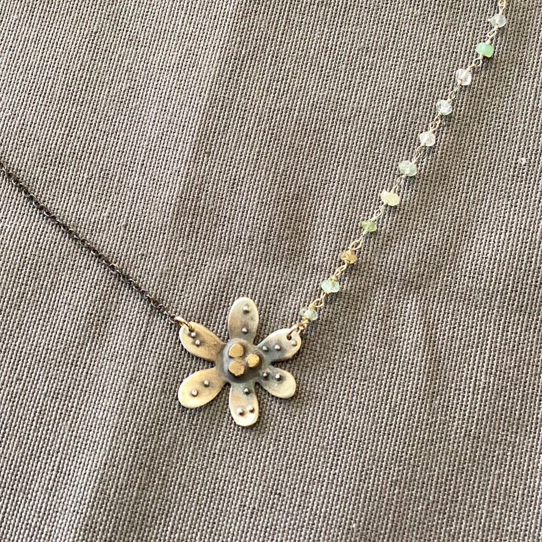 Necklace - silver bronze flower