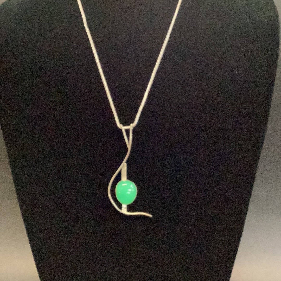 Necklace Opaque Green Chrysoprase. Curved Sterling Silver Setting
