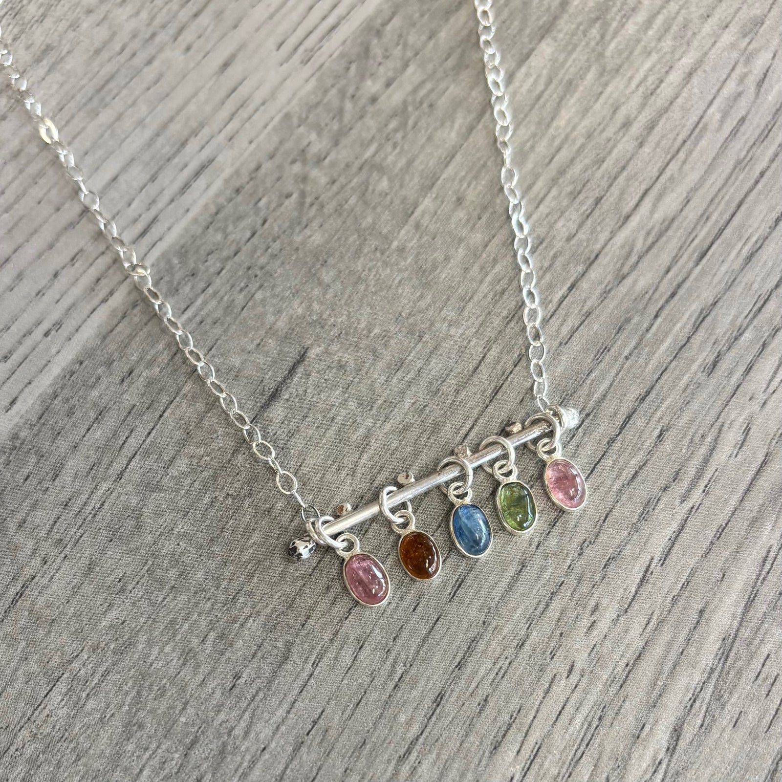 5 Stone Tourmaline Bar Necklace - Sterling Silver