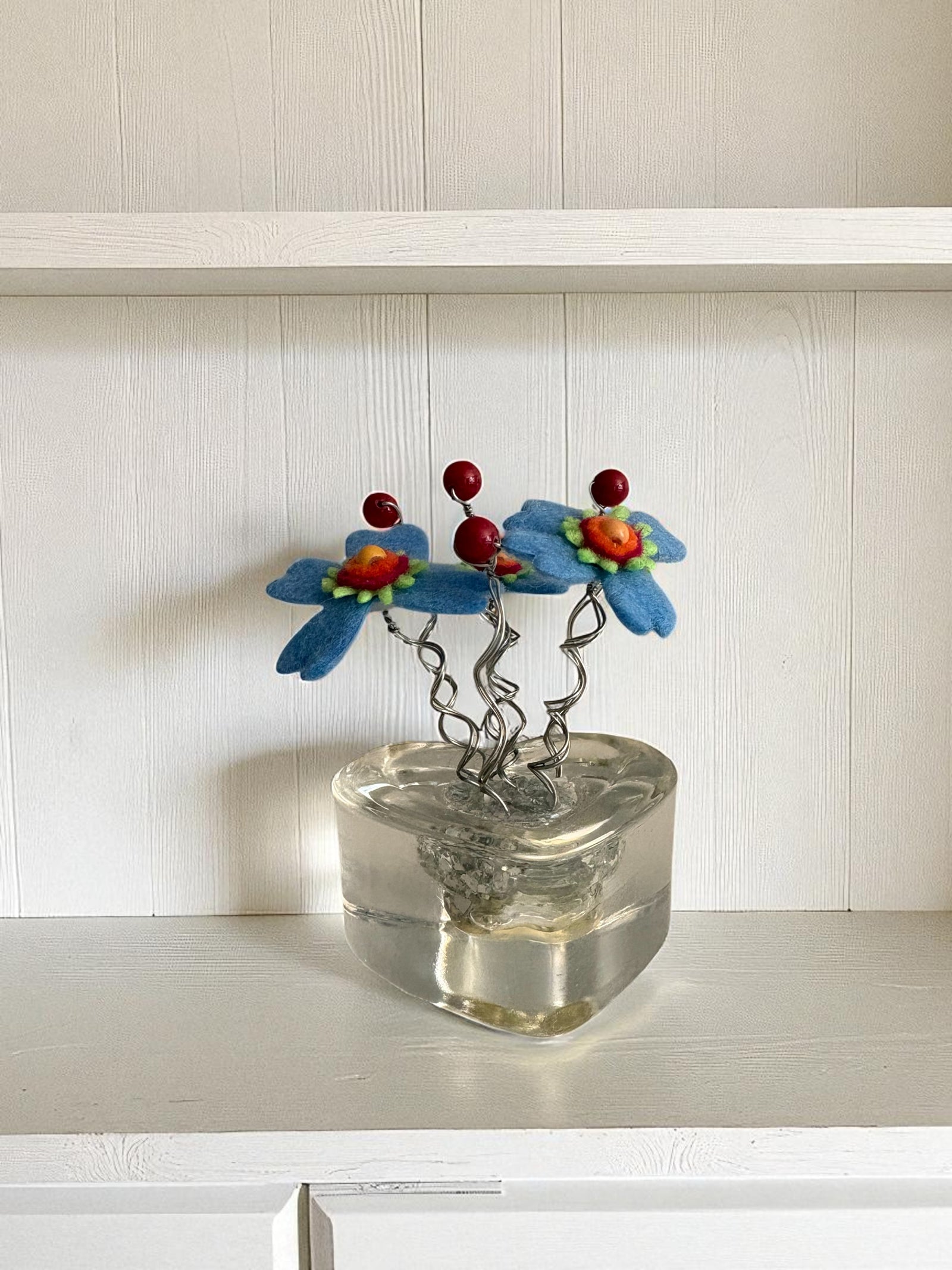 Glass Heart Vase with 3 Blue Flowers