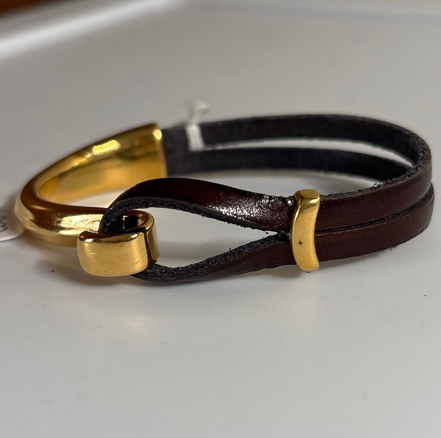 Gold cuff, dark brown leather