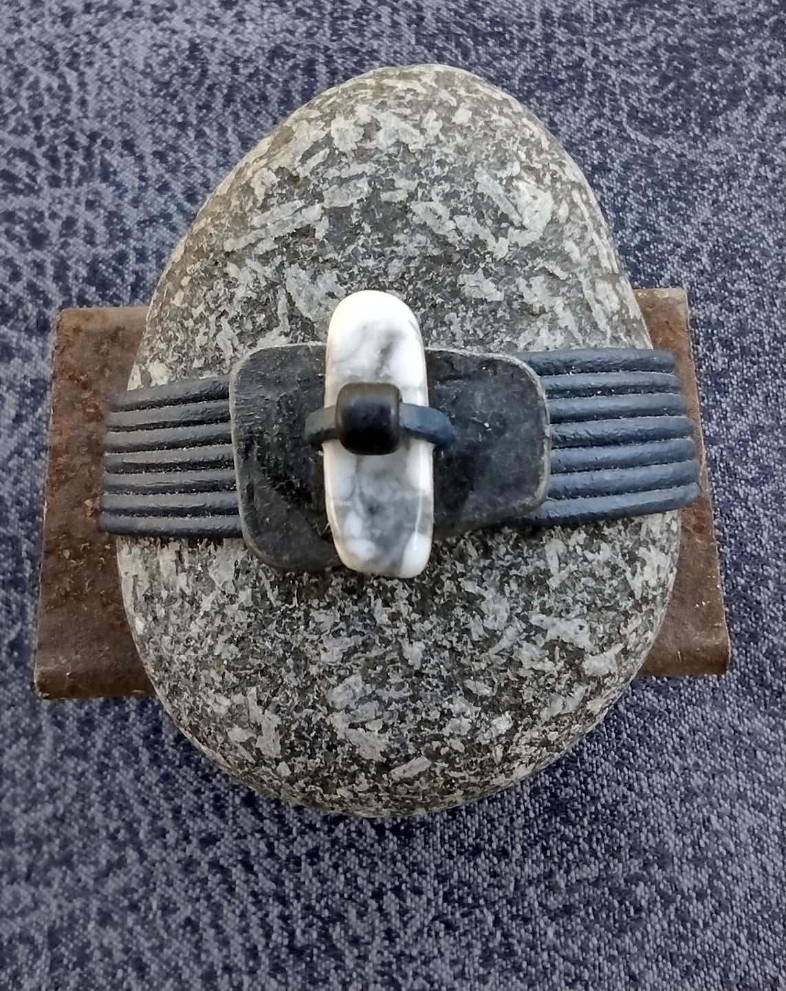Gray/BBlue/MetalButton/WhiteBead Wrapped Stone