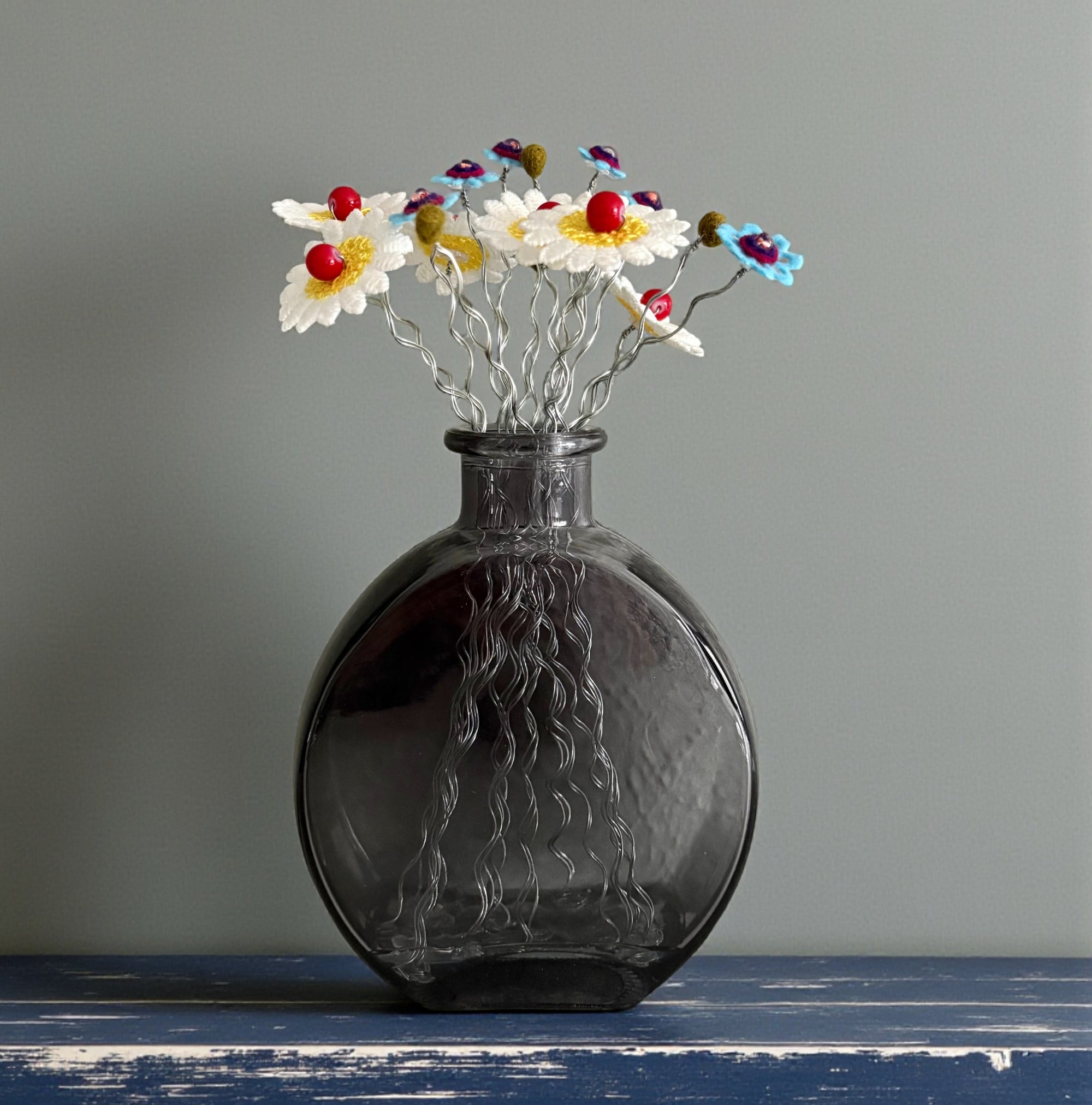 Gray Vase with Daisies and Blue Flowers