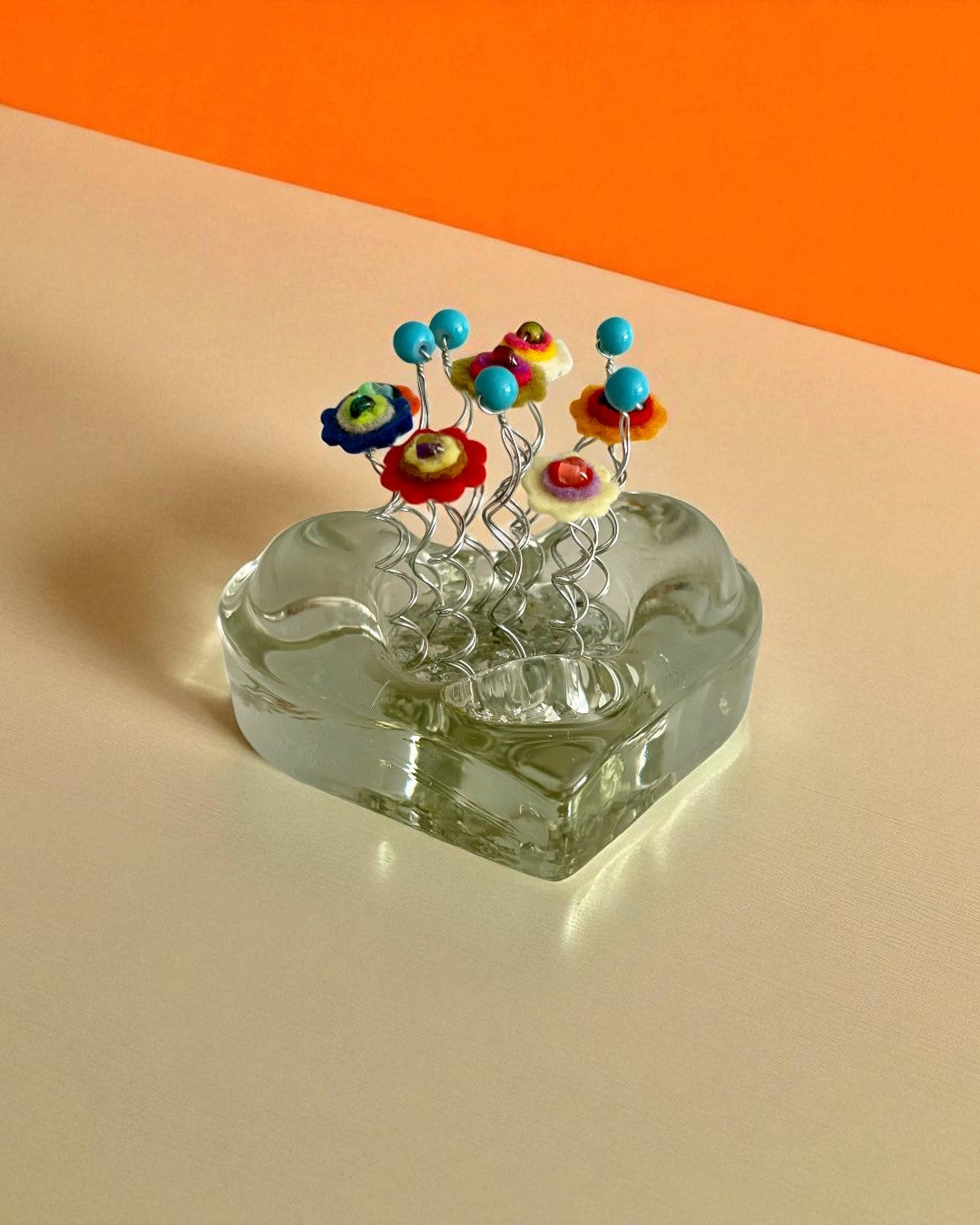 Heart Vase with 6 Colorful Flowers and Blue Beads