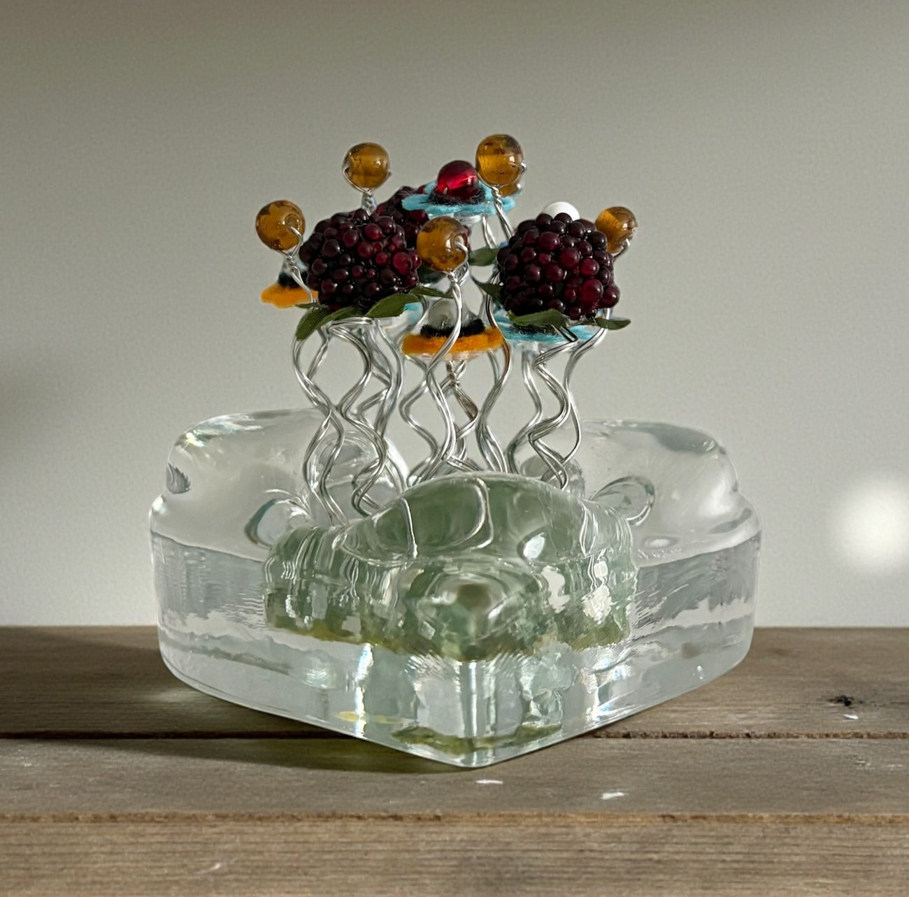 Heart Vase with Blue and Yellow Flowers and Raspberries