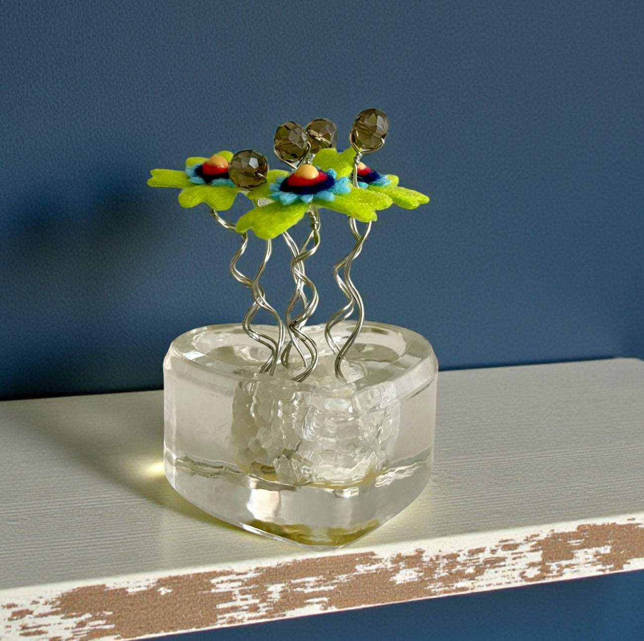 Heart Vase with Green and Blue Flowers