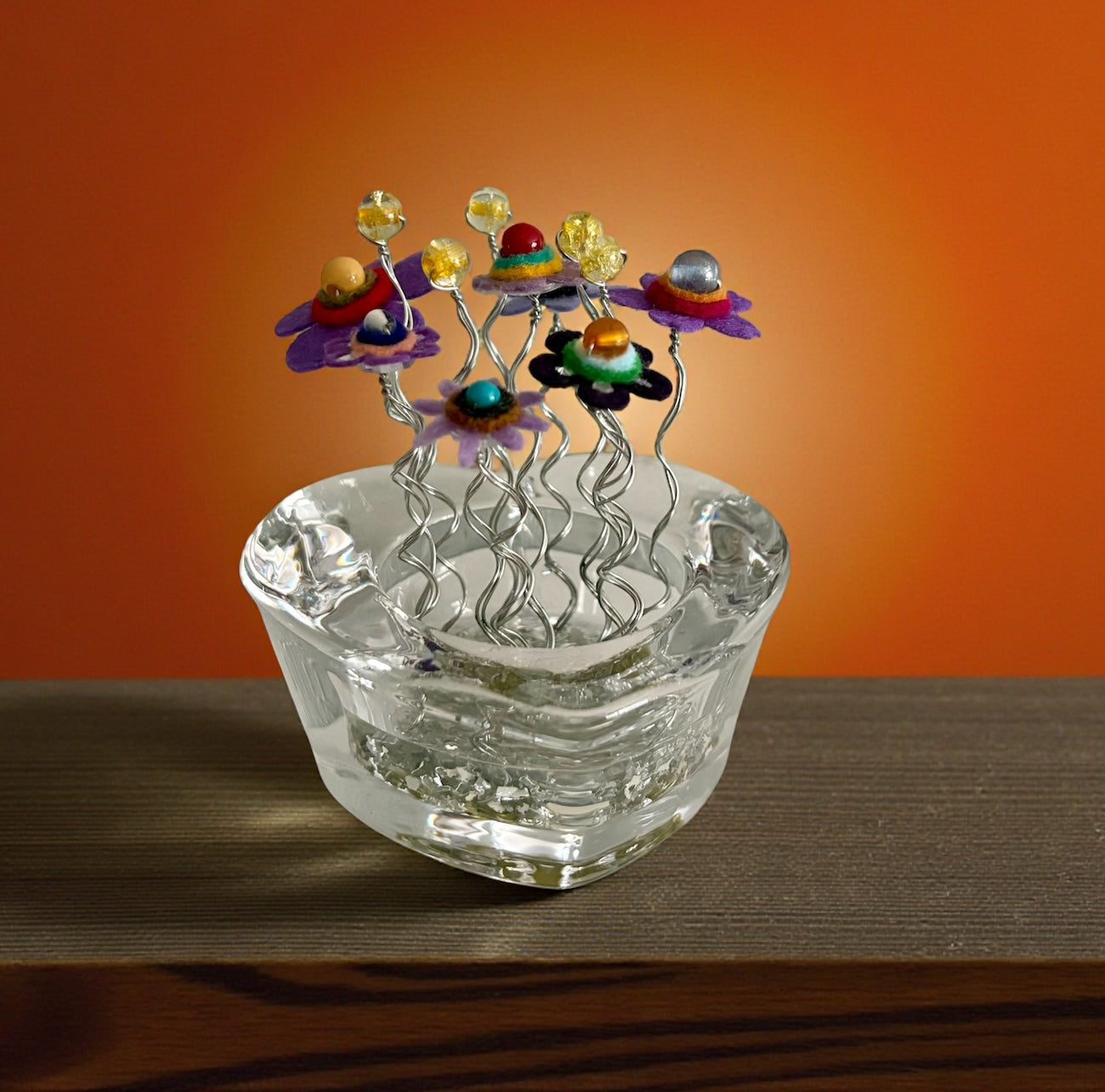 Heart Vase with Purple Flowers and Yellow Beads