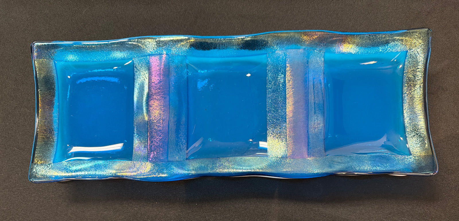 Blue Iridescent Glass Sectional Dish